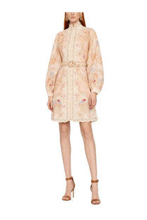 Zimmermann women’s mini dress in peach lace with floral embroidery high collar long sleeves and scalloped hem