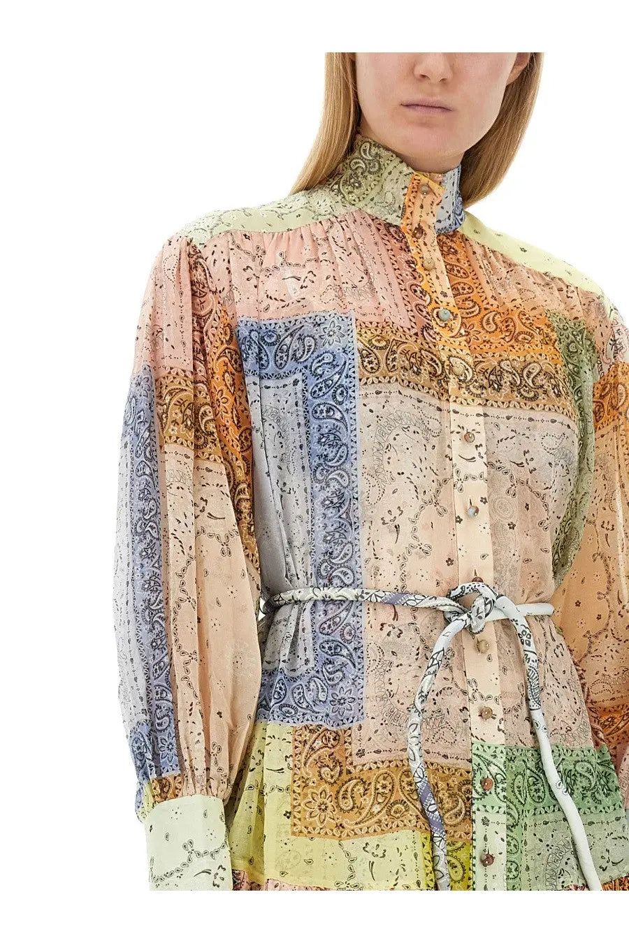 Zimmermann women’s mini dress featuring a patchwork blouse with high collar long sleeves and paisley pastel hues