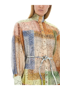 Zimmermann women’s mini dress featuring a patchwork blouse with high collar long sleeves and paisley pastel hues
