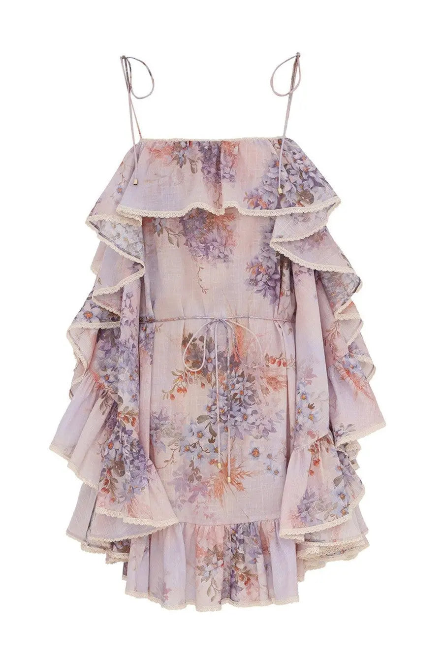 Zimmermann women’s mini dress in purple with lavender floral print tiered ruffles and thin adjustable straps