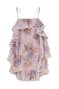 Zimmermann women’s mini dress in purple with lavender floral print tiered ruffles and thin adjustable straps
