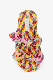 Zimmermann women’s multicolored raffia slip-on sandal featuring woven design and floral fabric bows in blue tones