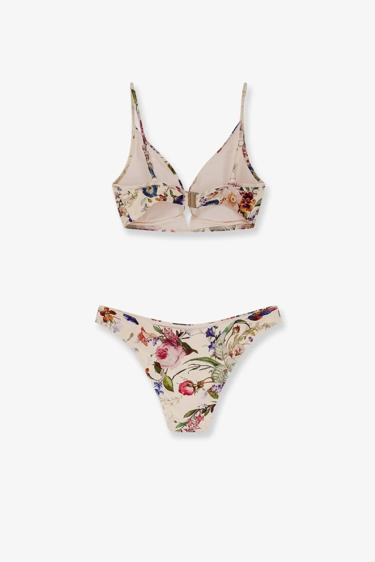 Zimmermann women’s white nylon bikini set with delicate beige floral print on lightweight fabric