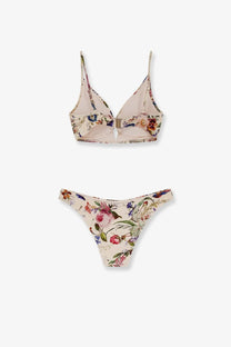 Zimmermann women’s white nylon bikini set with delicate beige floral print on lightweight fabric
