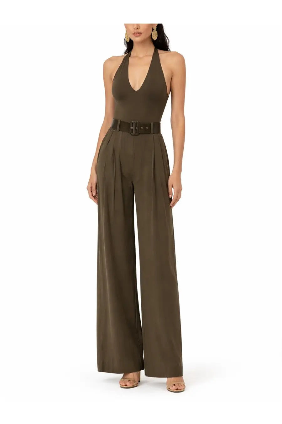 Zimmermann women’s pantalone con cintura green olive green halter neck jumpsuit with wide leg pants and matching belt
