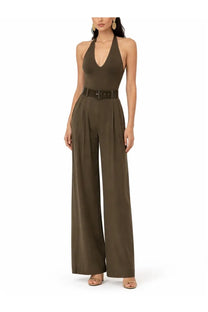 Zimmermann women’s pantalone con cintura green olive green halter neck jumpsuit with wide leg pants and matching belt