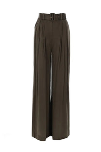 Zimmermann women’s olive green wide-leg trousers with matching belt and subtle pleats in lightweight fabric