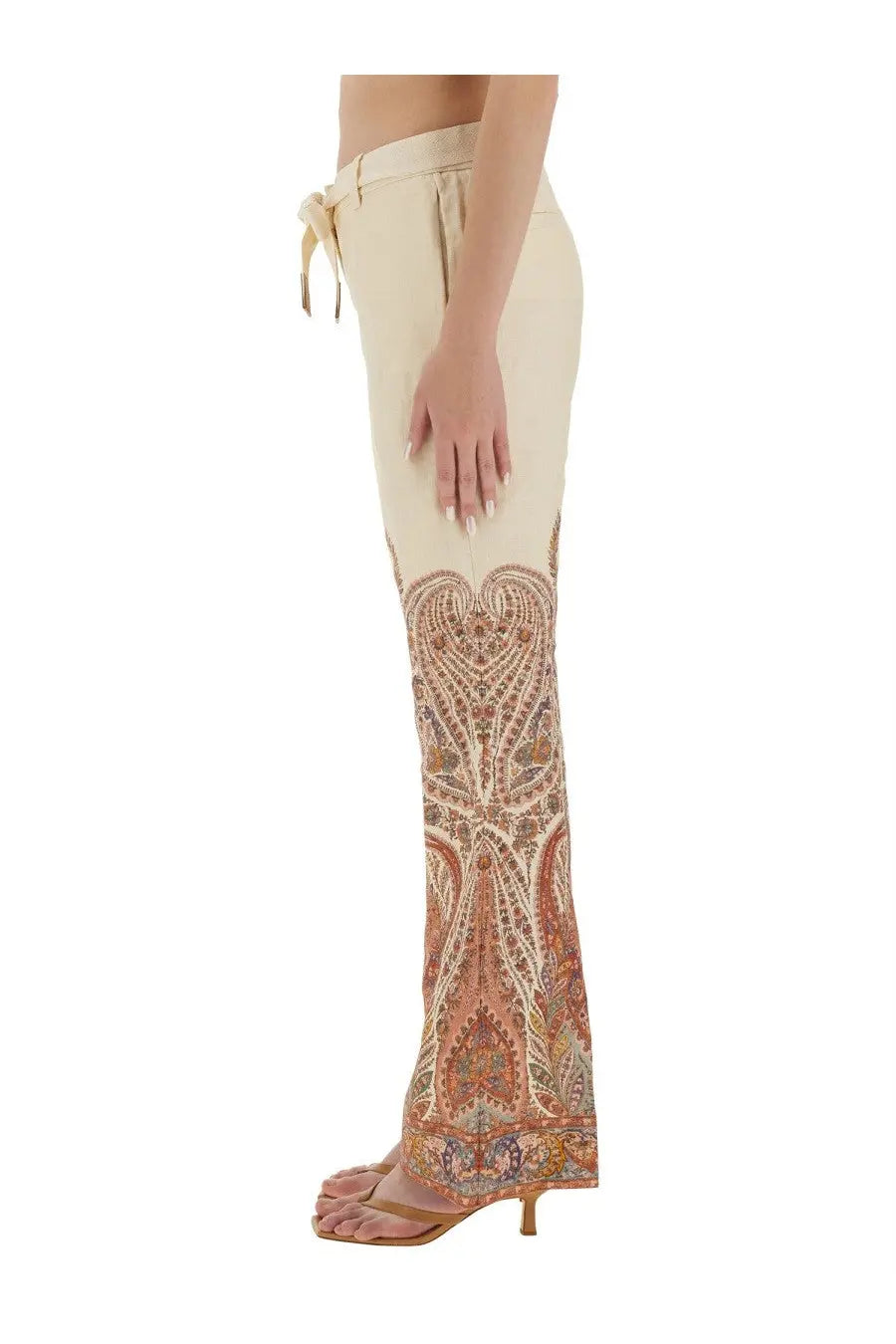 Zimmermann women’s cream flared trousers with warm paisley pattern and drawstring waist in beige rhiannon style