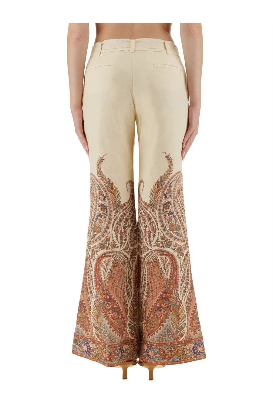 Cream-colored wide-leg zimmermann rhiannon beige pants with paisley pattern and tailored waistband in warm earthy tones