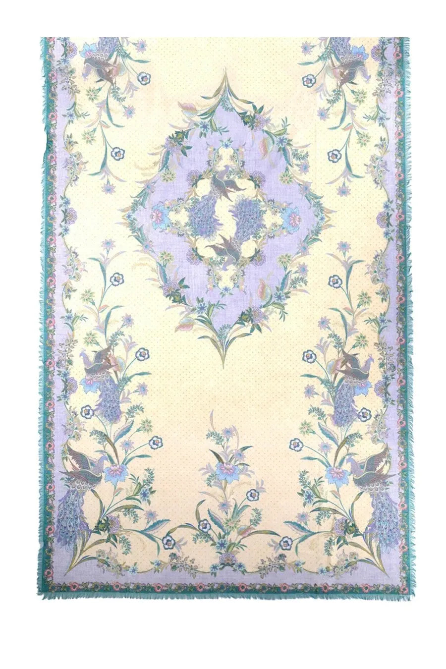 Zimmermann women’s pareo in multicolor cotton featuring a delicate lavender and cream floral tapestry with peacock motifs and teal fringe