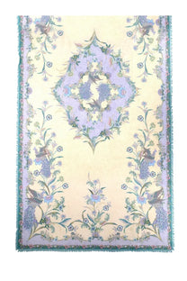 Zimmermann women’s pareo in multicolor cotton featuring a delicate lavender and cream floral tapestry with peacock motifs and teal fringe