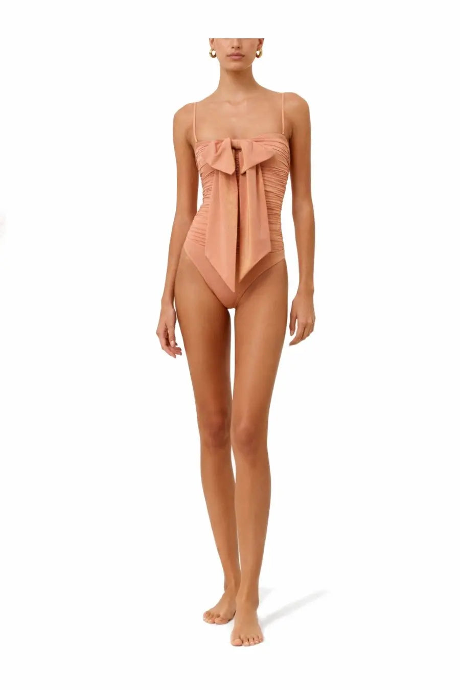 Zimmermann women’s one piece swimsuit blue featuring a peach-colored ruched bodice and large front bow design