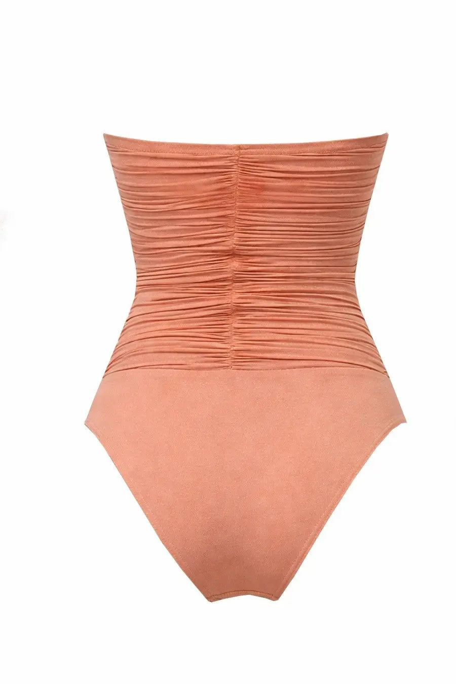 Zimmermann women’s one piece swimsuit in peach with ruched corset style back and smooth fabric shown from the back