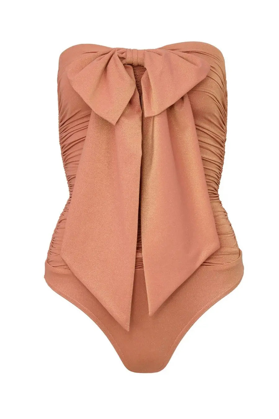 Zimmermann women’s one piece swimsuit in soft peach ruched bandeau style with large flowing bow front detail