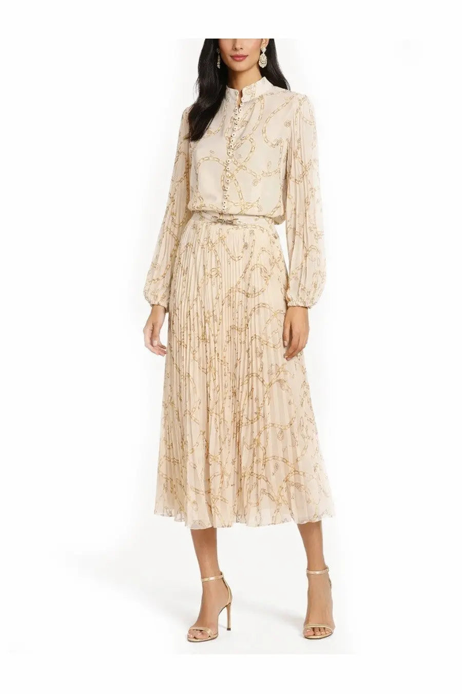 Zimmermann women’s pleated skirt sunray white beige and gold chain-patterned chiffon two-piece set with high collar top
