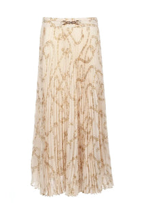 Zimmermann women’s cream-colored pleated midi skirt with gold chain-link pattern and matching metallic belt buckle