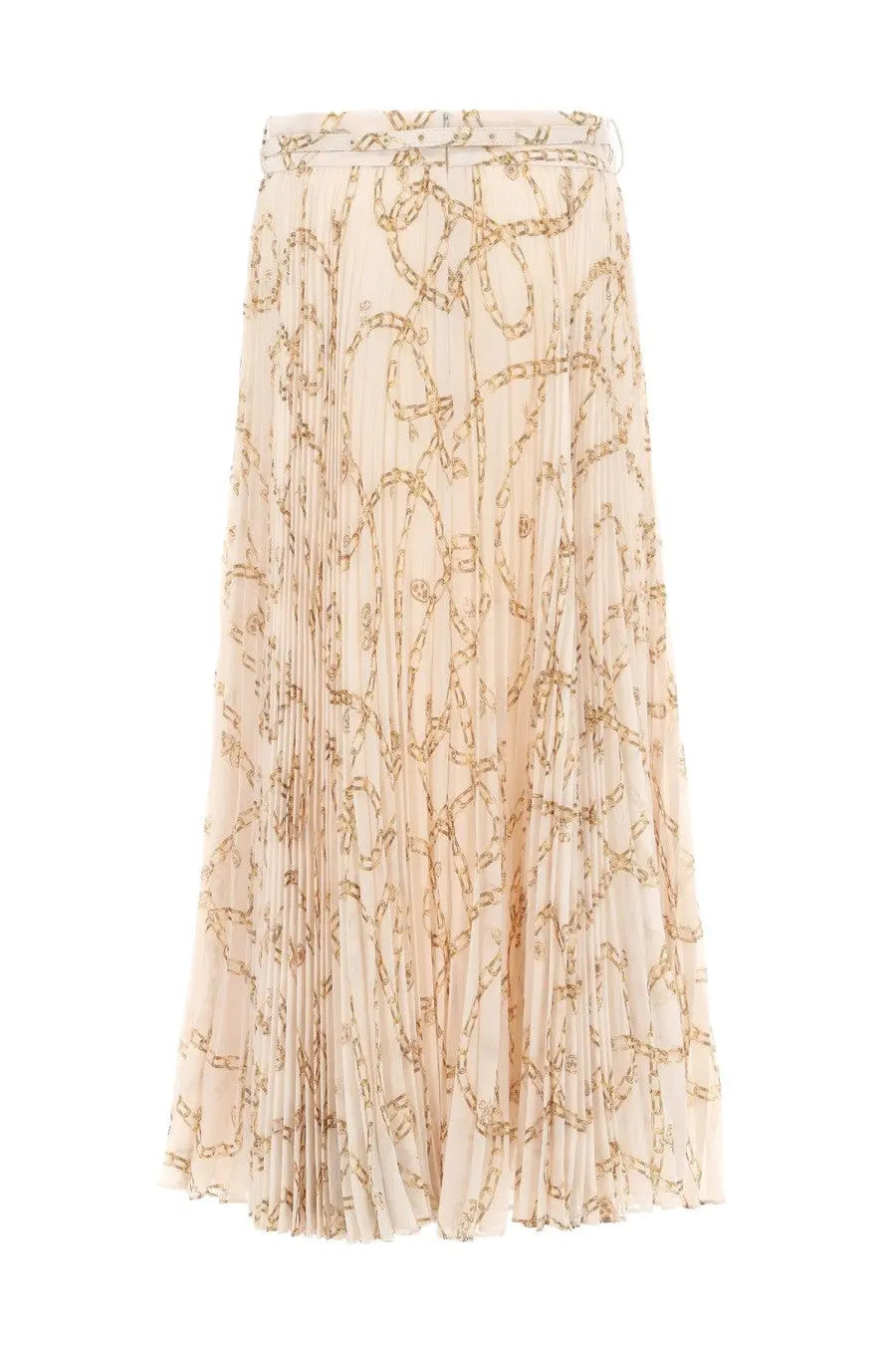 Zimmermann women’s pleated midi skirt in cream with an intricate gold chain pattern and sunray white fabric