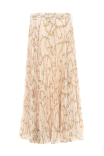 Zimmermann women’s pleated midi skirt in cream with an intricate gold chain pattern and sunray white fabric