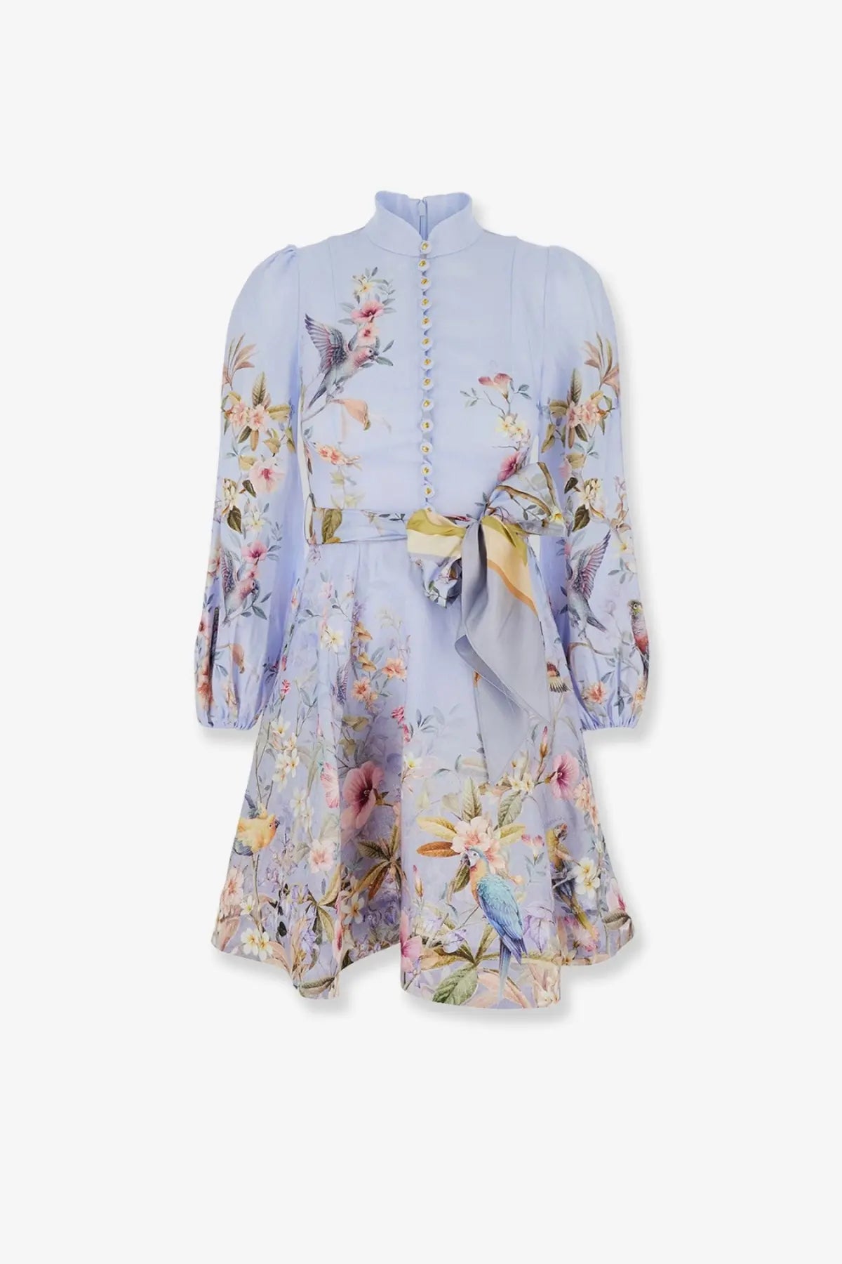 Zimmermann women’s rebellion linen mini dress in blue with delicate lavender floral print long sleeves and high collar