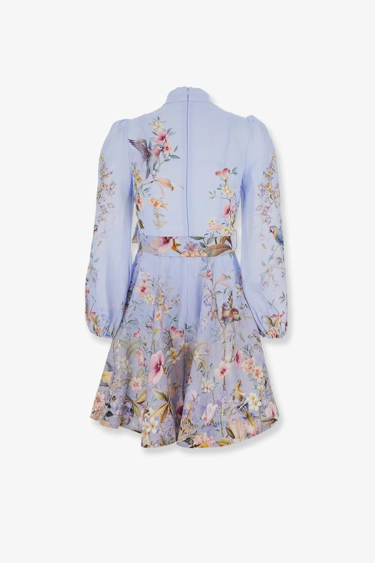 Zimmermann women’s rebellion linen mini dress blue with delicate lavender floral birds and blossoms long sleeves fitted waist