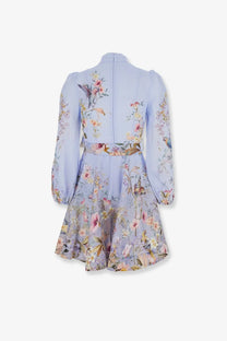 Zimmermann women’s rebellion linen mini dress blue with delicate lavender floral birds and blossoms long sleeves fitted waist
