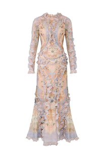 Zimmermann women’s rebellion long dress in soft lavender and peach with floral embroidery and cascading ruffles