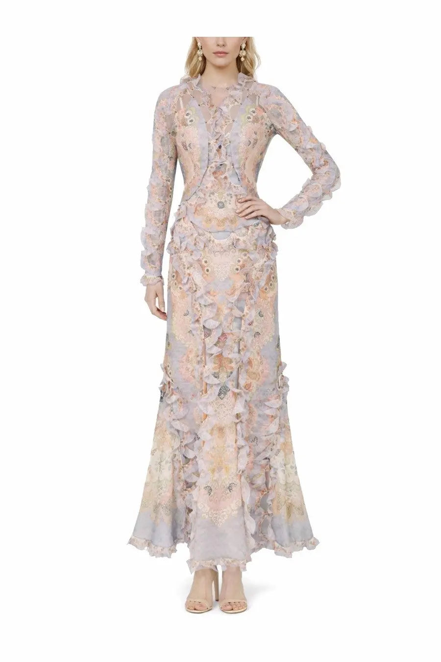 Zimmermann women’s rebellion long dress in multicolor pastel lavender and peach with floral appliqués and ruffled skirt