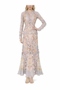 Zimmermann women’s rebellion long dress in multicolor pastel lavender and peach with floral appliqués and ruffled skirt