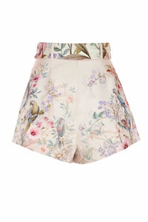 Zimmermann women’s rebellion pleated shorts in high-waisted soft light fabric with delicate floral and bird print multicolor