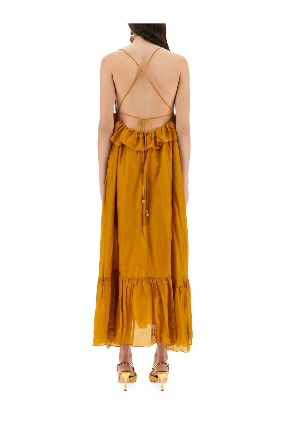 Zimmermann women’s rhiannon dress gold flowing mustard yellow maxi dress with ruffled back and crisscrossed straps back view
