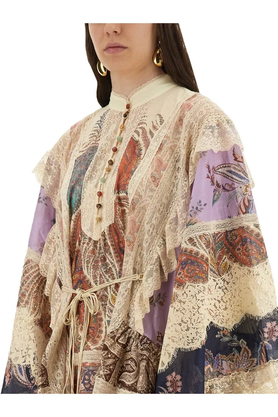 Zimmermann women’s Rhiannon mini dress in multicolor patchwork with paisley patterns and cream lace trim