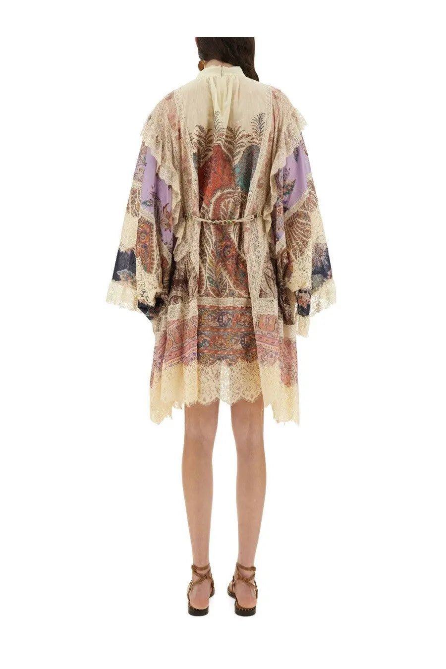Zimmermann women’s Rhiannon mini dress is an off-white kimono style with paisley prints and lace trim in earthy tones
