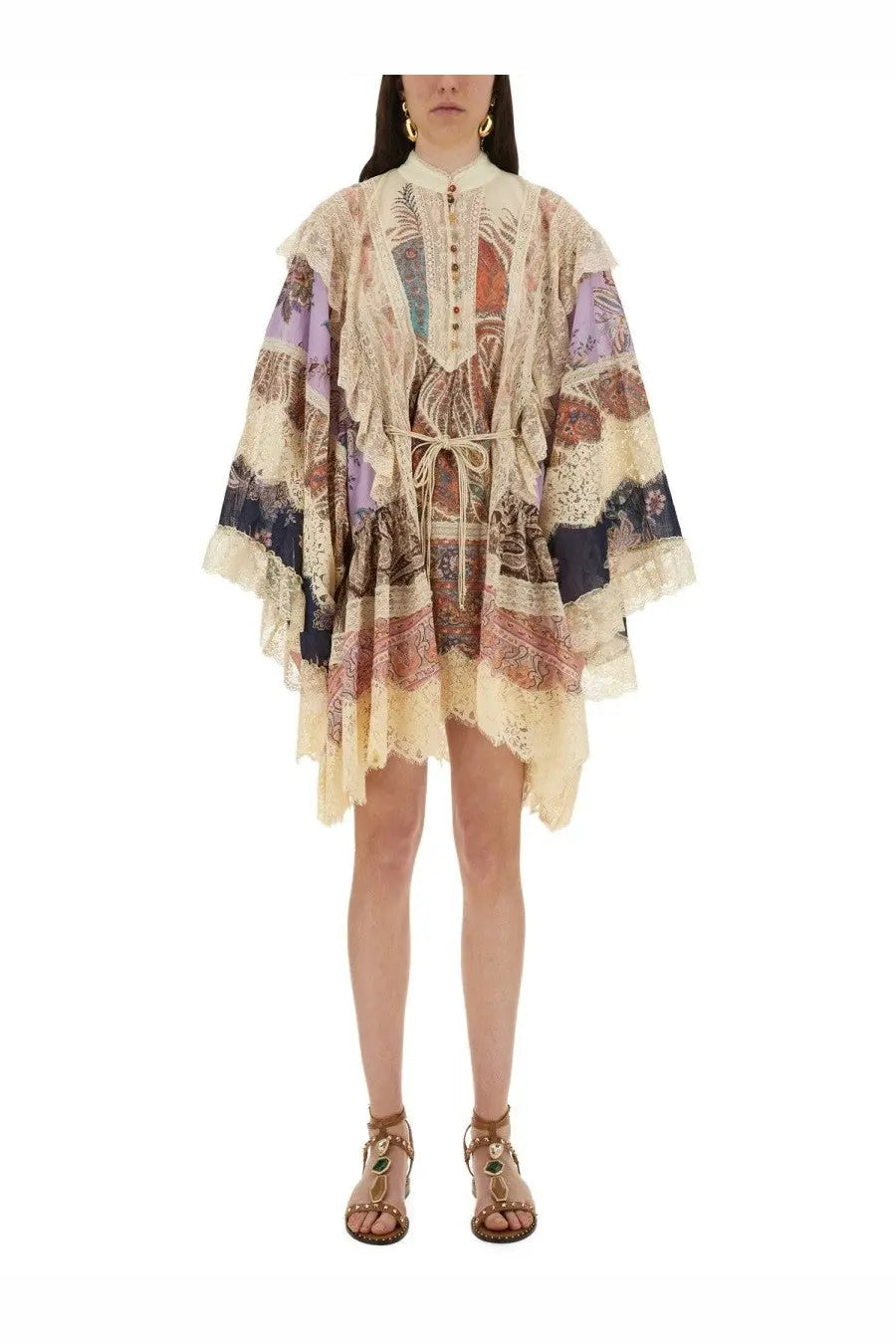 Zimmermann women’s rhiannon mini dress multicolor flowing off-white patchwork with intricate lace detailing