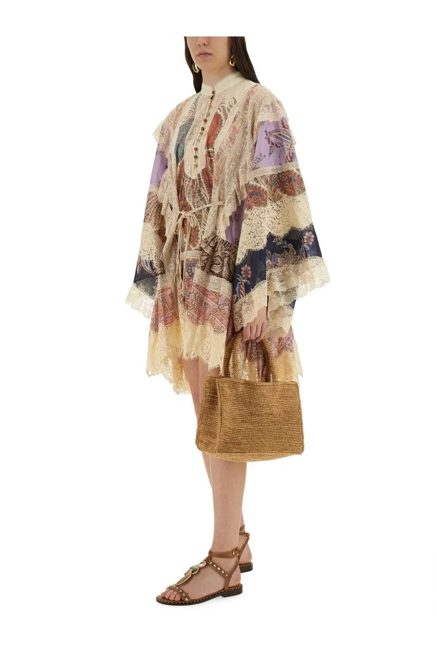 Zimmermann women’s rhiannon mini dress multicolor paired with a woven straw tote bag featuring natural texture and sturdy handles