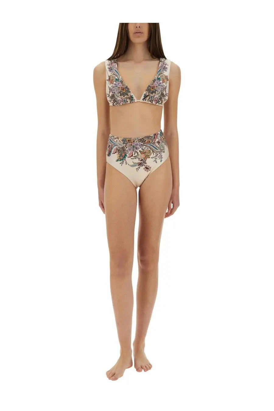 Zimmermann women’s rhiannon wide strap bikini swimsuit in cream with intricate floral pattern and high-waisted design