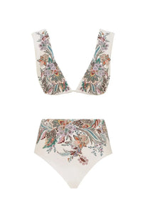 Zimmermann women’s rhiannon wide strap bikini swimsuit in white with multicolor floral and paisley pattern