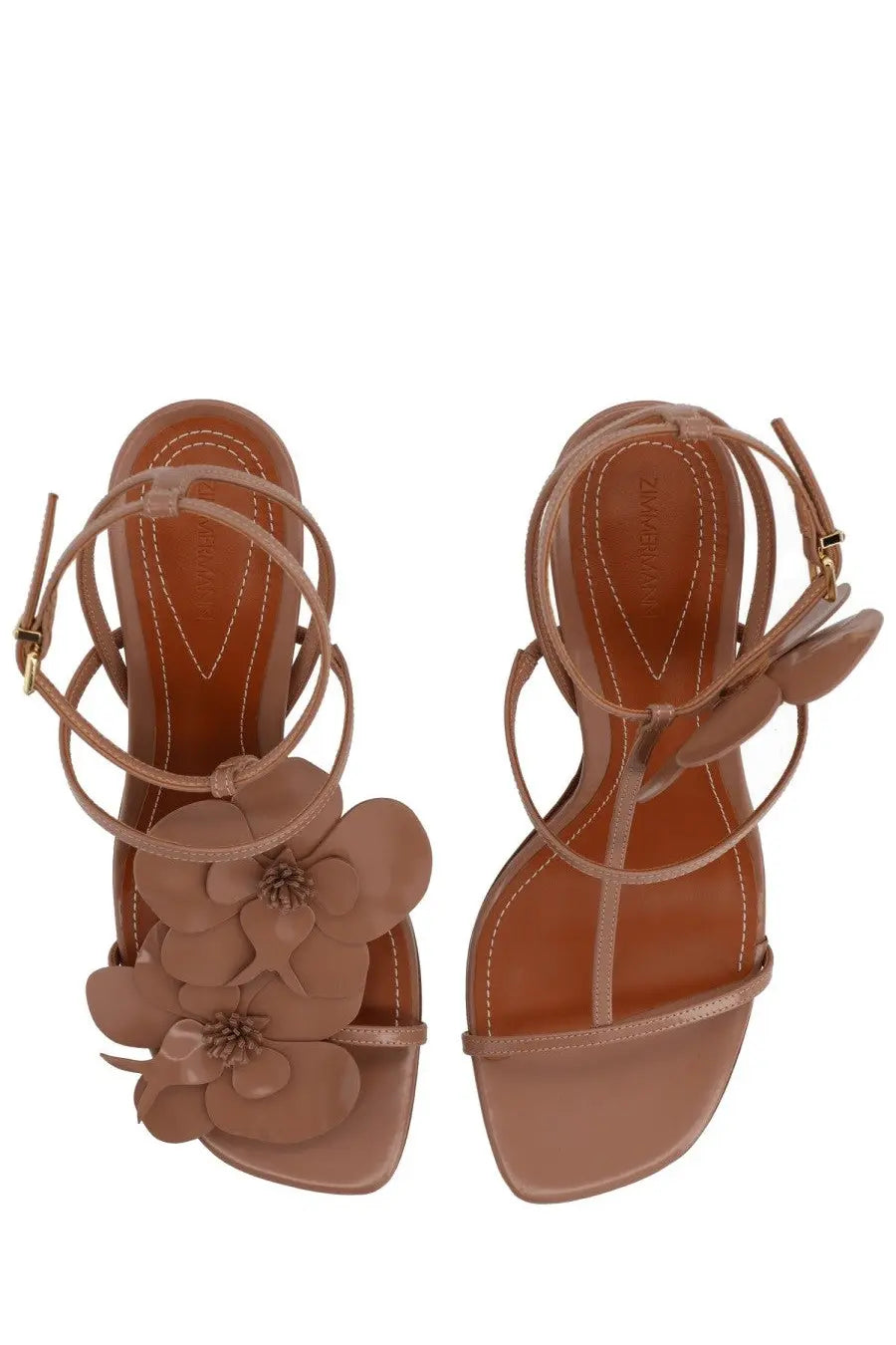 Zimmermann women’s sandal orchid beige tan leather sandal with intricate floral embellishments and square toe design