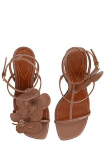 Zimmermann women’s sandal orchid beige tan leather sandal with intricate floral embellishments and square toe design