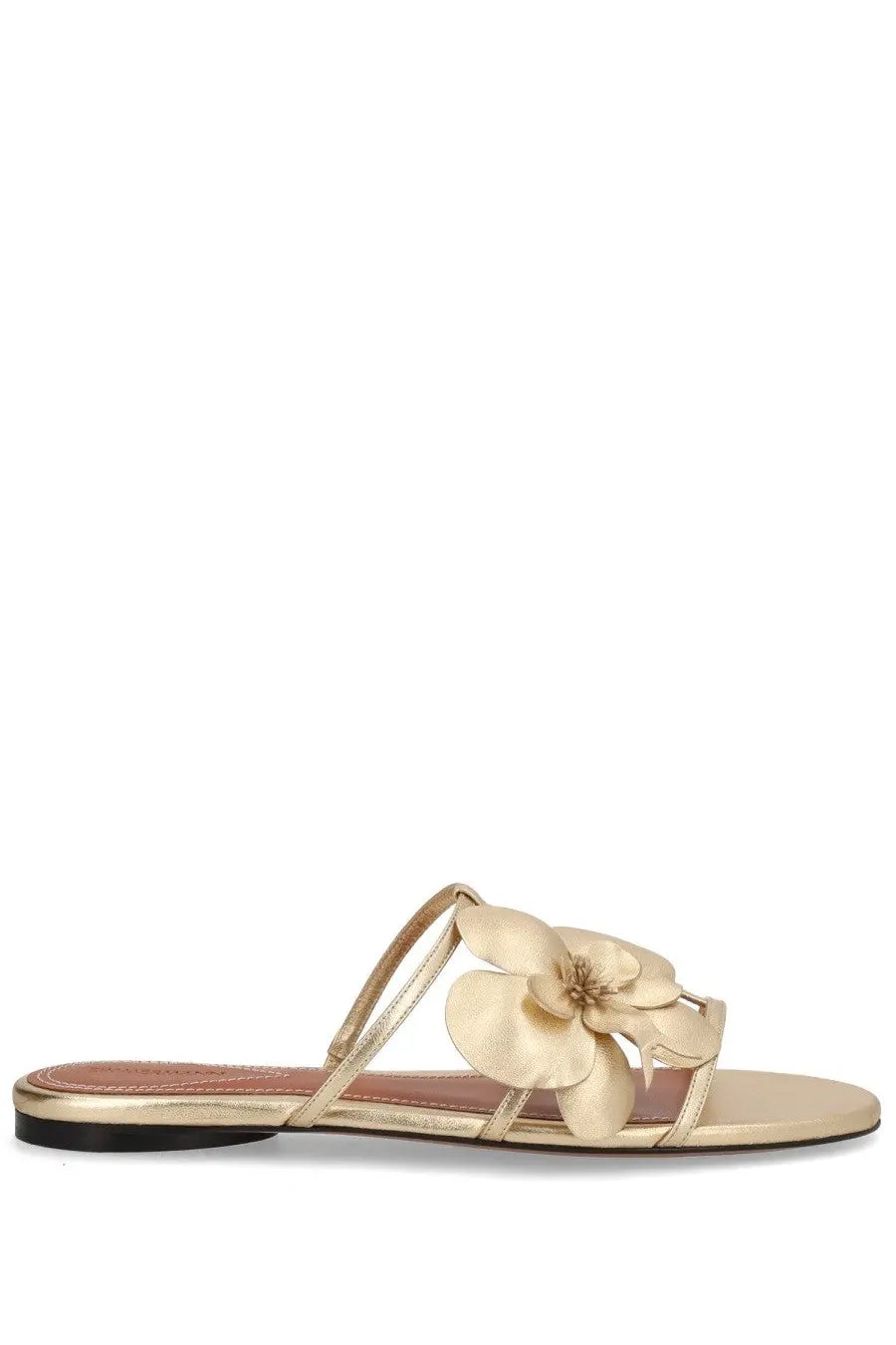 Zimmermann women’s gold satin slide sandal with delicate multi-petaled flower embellishment on the strap