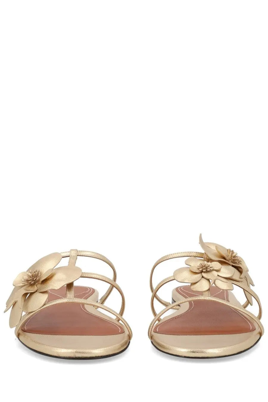 Zimmermann women’s gold-toned leather sandals with delicate layered floral embellishments on the straps