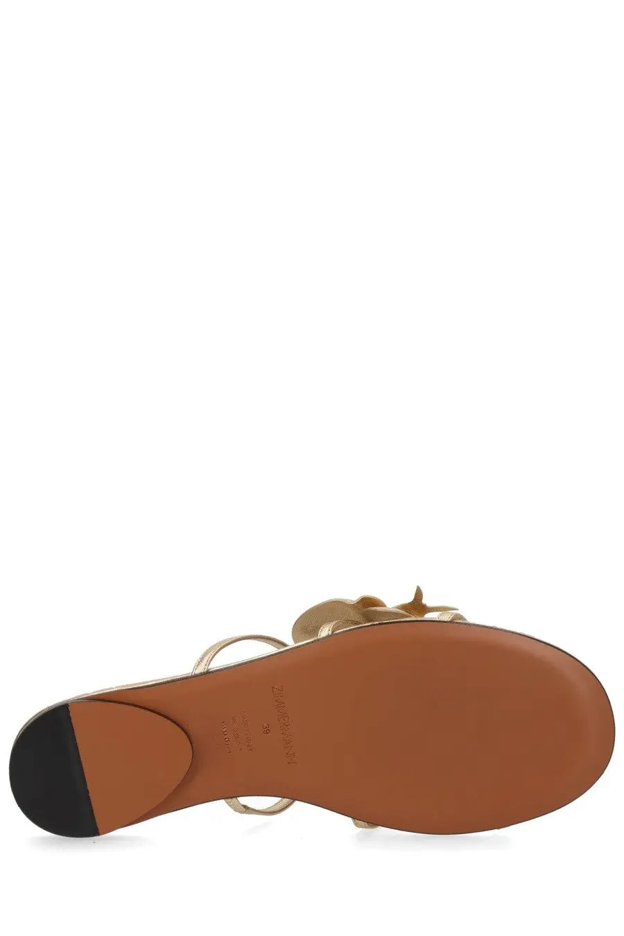 Zimmermann women’s orchid gold sandal with gold-toned leather, floral embellishment, and thin straps