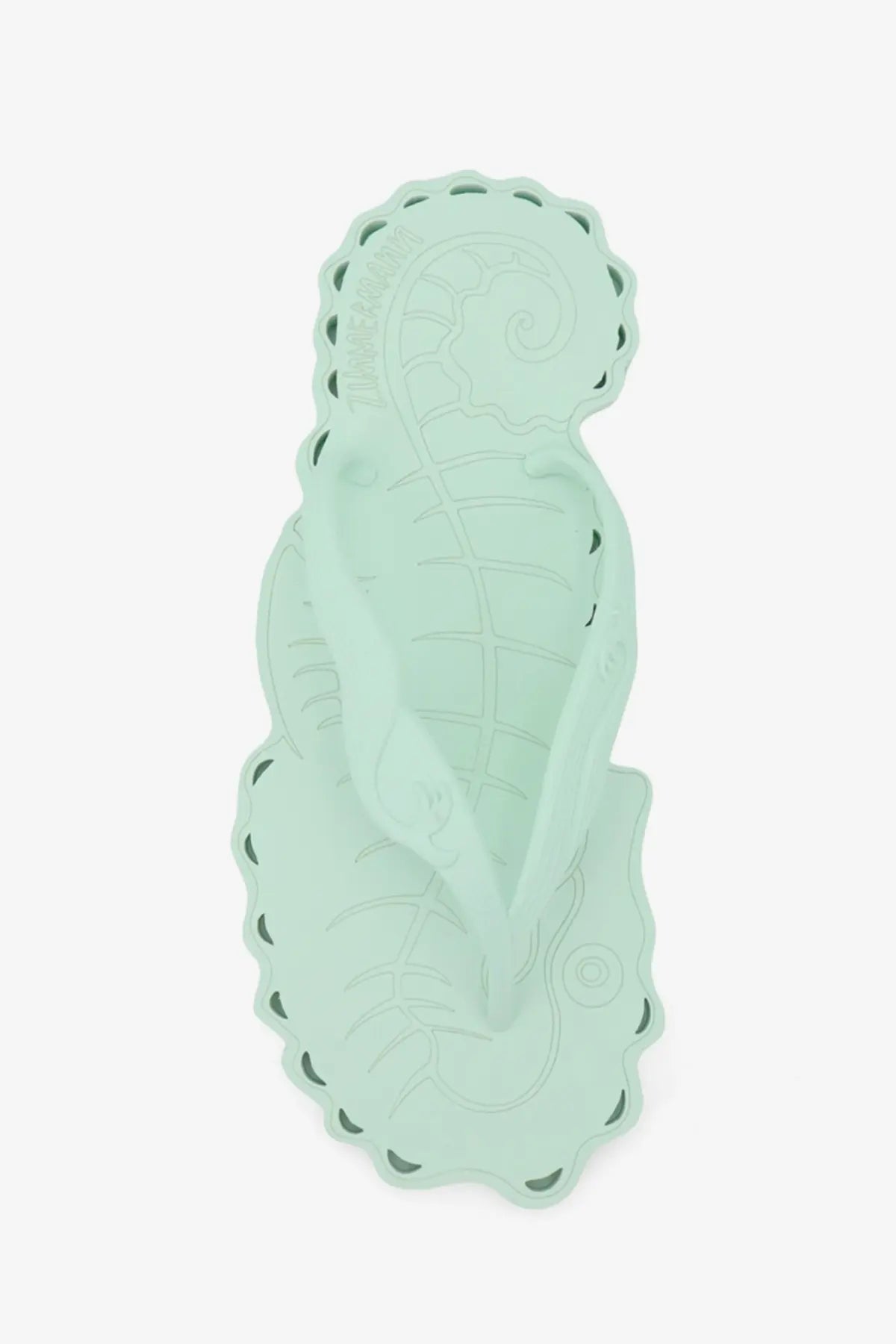 Zimmermann women’s seafoam thong rubber sandals displayed with a mint green silicone seahorse flip-flop mat