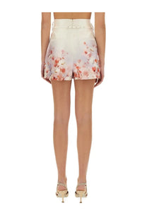 Zimmermann women’s short crush multicolor high-waisted cream shorts with pink peach floral print and matching belt