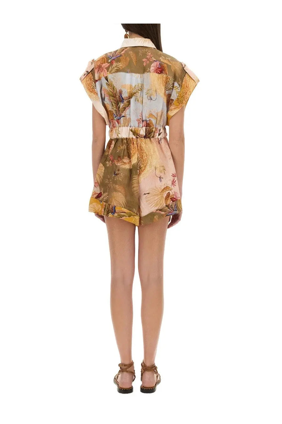 Zimmermann women’s short overalls with short sleeves and belted waist in multicolor tropical bird and foliage print