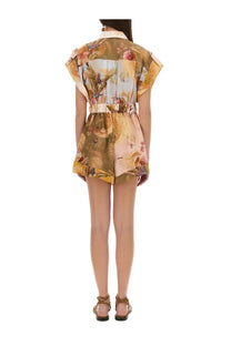 Zimmermann women’s short overalls with short sleeves and belted waist in multicolor tropical bird and foliage print