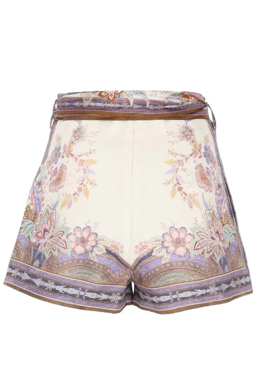 Zimmermann women’s cream silk shorts with floral paisley pattern and matching belt for stylish summer wear