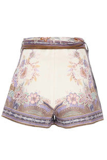 Zimmermann women’s cream silk shorts with floral paisley pattern and matching belt for stylish summer wear