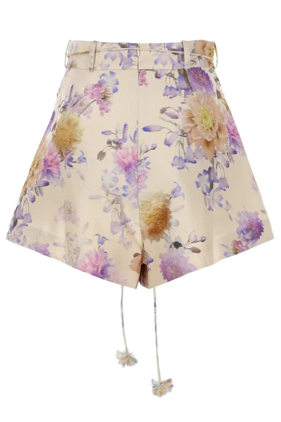 Beige Zimmermann women’s Luna Tuck shorts with floral print matching belt and delicate lace tassels at the hem