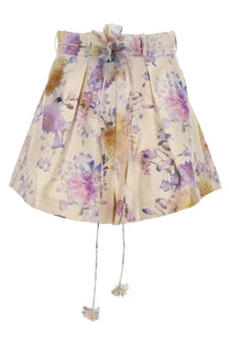 Zimmermann women’s shorts luna tuck multicolor pleated floral skirt in soft cream with purple pink and yellow blossoms and tied waistband