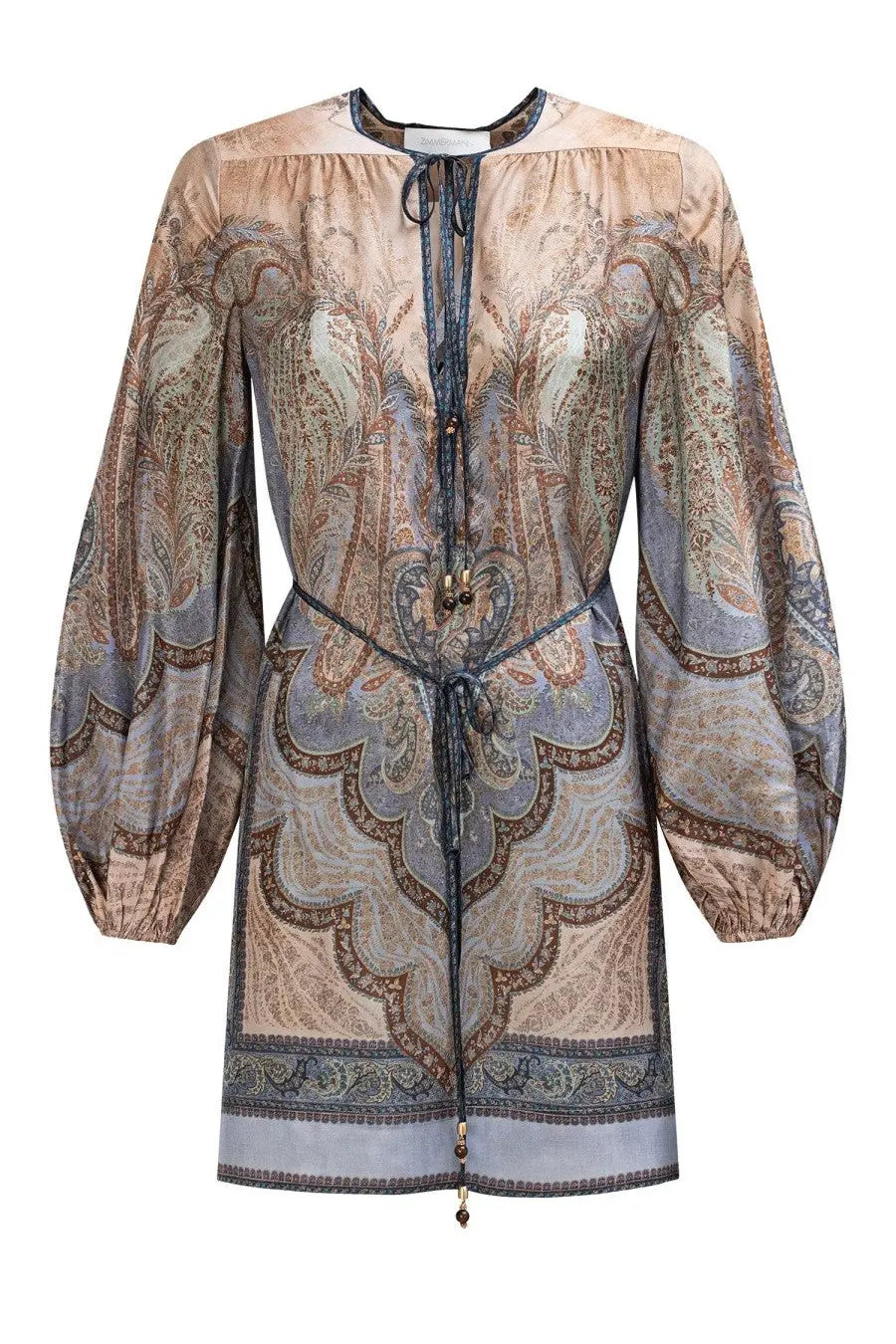 Zimmermann women’s tunic wonderlust multicolor flowing long-sleeved dress in muted paisley with earthy beige brown and blue tones